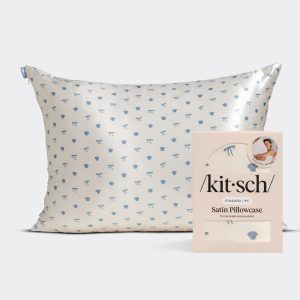 kitsch Satin Pillowcase in Pearlized Cream & Coastal Blue Print